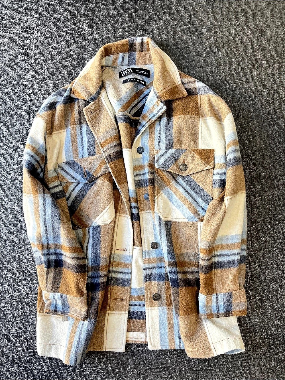 Zara Plaid Overshirt Italian Fabric Plaid Utility Jacket in Brown & Blue